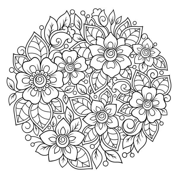 Esboço Padrão Flor Redonda Estilo Mehndi Para Colorir Página Livro —  Vetores de Stock