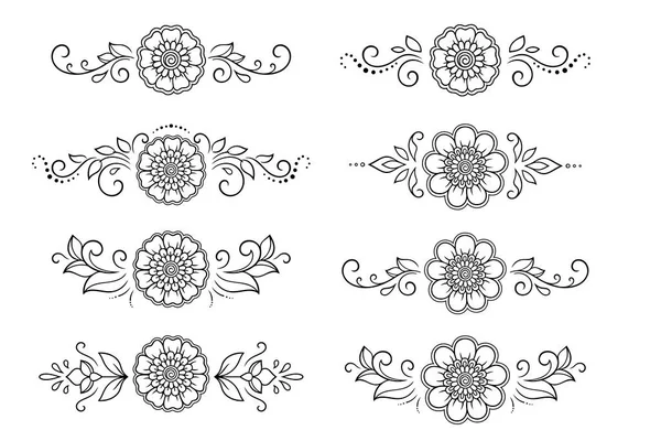 Set Mehndi Flower Pattern Henna Drawing Tattoo Decoration Ethnic Oriental — Stock Vector