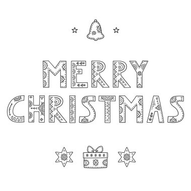 Kaligrafi ile birlikte mutlu Noeller kartı. Davetiyeler, baskılar ve posterler için tatil mektupları. El yapımı tasarım elementleri. Dekoratif elementler - bir hediye, bir çan, yıldızlar ve kar taneleri.