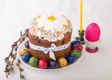 Russian easter cake Kulich with dyed quail eggs
