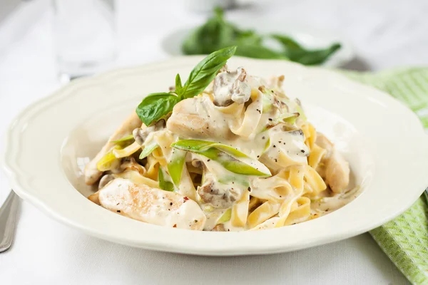 Creamy pasta with chicken and leeks — Stock Photo, Image