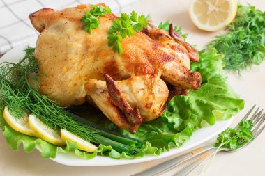 Taze sebze ve otlar ile ızgara tavuk