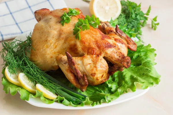 Kurczak z grilla do złotej skórki świeże warzywa i zioła — Zdjęcie stockowe