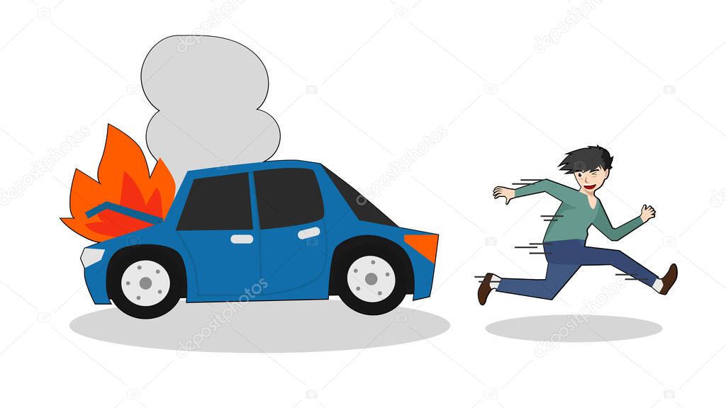 Illustration and Vector. Cartoon man running away from the car. Accident caused the front to collapse and emit smoke and smoke from the engine
