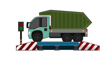 Cartoon Mini Truck car on the weighing scale at the checkpoint. Signal light indicating green light and red light Before and after transport operations. on isolated white background. clipart