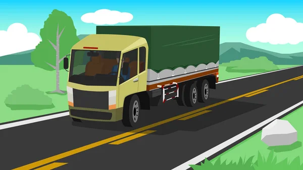 Lastkraftwagen Mit Planen Transportieren Die Reise Nur Ein Mann Fährt — Stockvektor
