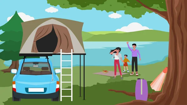 Podróże Rodzinne Mały Rodzinny Samochód Namiotem Dachowym Dla Bezpieczeństwa Duże — Wektor stockowy