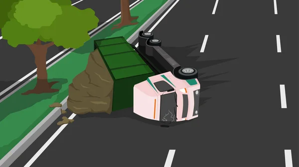 Vegyi Hulladékot Szállító Teherautó Balesete Felborul Egy Aszfaltból Készült Autópálya — Stock Vector