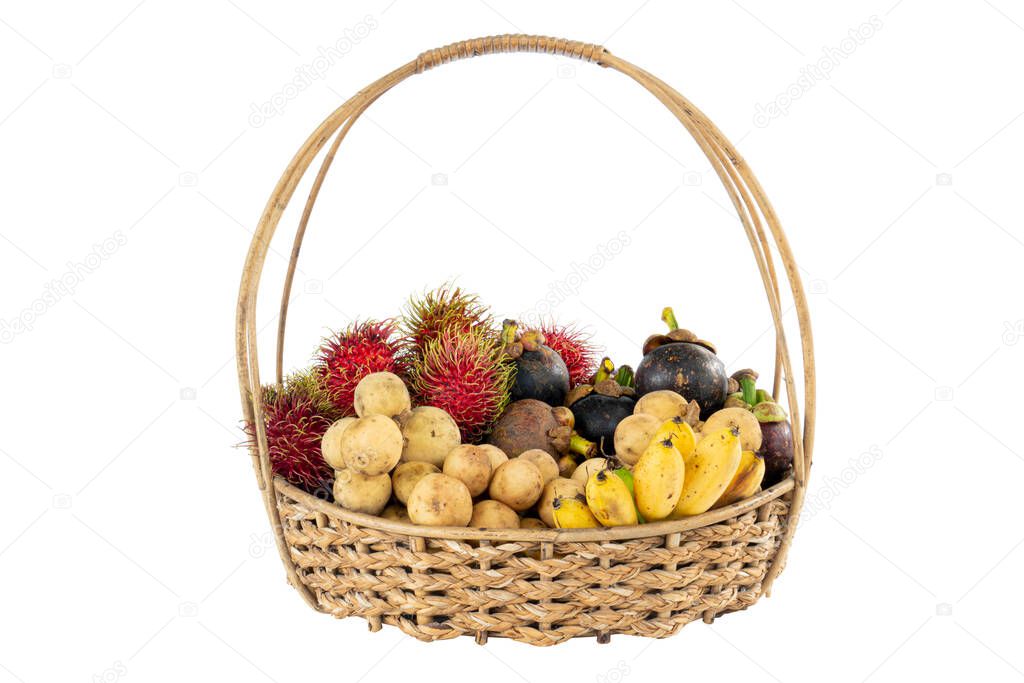 Fruit baskets consist of Rambutan, Longkong Banana and Mangosteen placed in a rattan basket.