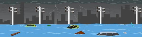 卡通城市的自然灾害泛滥 暴雨带来的风暴潮造成了严重的水灾 许多汽车在潮水中漂流 — 图库矢量图片