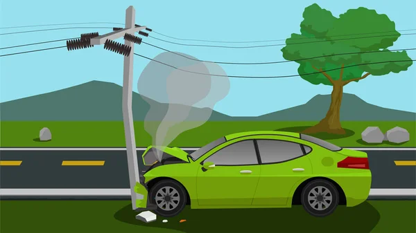 損傷緑の車の衝突極電気都市事故は運転できません 車の前に煙を外に開いている アスファルトや緑の牧草地や山を背景に — ストックベクタ