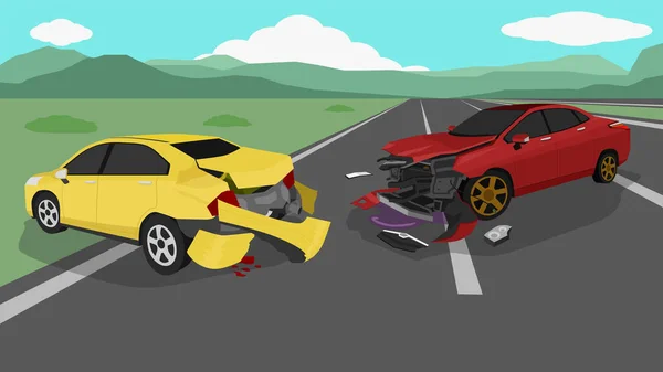 Kecelakaan Mobil Merah Menghantam Bagian Belakang Mobil Kuning Bagian Depan - Stok Vektor