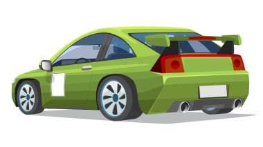 Bir yarış spor arabasının arkasındaki eğik manzaranın vektör çizimi. Yeşil araba beyaz arka planda izole edilmiş. Spoiler ve agresif ikiz egzoz boruları olan bir araba..