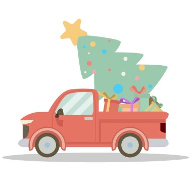 Beyaz arka planda izole edilmiş, rafında hediyeler olan bir kamyonet. Araba yumuşak kırmızı renkli çizgi film. Noel için biçim.
