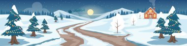 Karlı yamaçlardan geçen toprak yolun manzarası. Bacalı ve dumanlı evlerden yapayalnız. Arka plandaki Noel Baba at üstünde ay ve gece gökyüzünde yıldızlar çizilmiş..