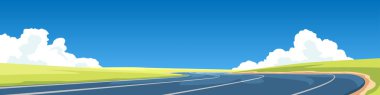 Kavisli, boş asfalt karayolu. Mavi gökyüzü ve yeşil çayır manzarası. Kopya uzayı ile ulaşım ve seyahat konsepti vektör çizimi.