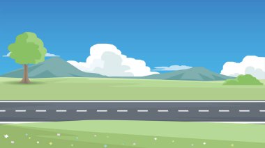 Yeşil çayırların arasında asfalt yolu olan basit doğal bir manzara. Yamaçlarda çiçekler açarlar. Tek başına yükselen ağaç dimdik ayakta duruyor. Gök ve bulutların altında dağlar çiçek açar..