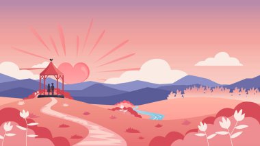 Romantik sevgililer günü manzarası, tepelerde güneş ve çardakta bir çift. Web afişi tebrik kartı ve aşk konsepti arka planı için pembe ve mor tonlarda vektör illüstrasyonu.