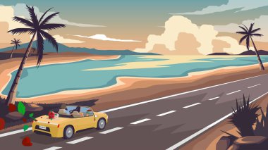 Günbatımında manzaralı asfalt yolda üstü açık sarı bir arabayla gezen çiftin manzara görüntüsü. Hindistan cevizi ağaçları tropikal bir plaj ve eski düz sanat tarzıyla. Sevgililer Günü için.