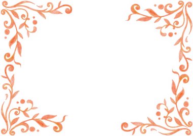 Çerçeve. Sol ve sağ tarafta kıvrımlar, yapraklar ve dairelerden oluşan desenler var. Kırmızının farklı tonları, turuncu. Gradyan. Renkli kalemlerle çizim yapmak. Beyaz kopya alanı. Davet, vs.