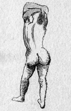 Sürrealist dışavurumculuk tarzında çıplak figür çizimi. Duran kişinin soyut çizimi, arka plan, desenli, karalanmış vücut hatları. Mürekkep kalemi. Sanat eserleri ve psikolojik kavramlar için mükemmel.