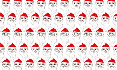 El çizimi Noel Baba 'nın yüzü desenli. Kırmızı şapkalar, komik surat, minimal çizgi sanatı, kusursuz şenlik arka planı. Noel ambalaj kağıdı, kart, tekstil, dekorasyon ve dijital baskı için ideal.