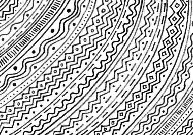 Arkaplan geometrik süslemelerle dolu. Beyaz arka planda siyah ve doku ana hatları. Çizgiler, zikzaklar, dalgalar, daireler, noktalar, eşkenarlar, felçler. Çapraz yerleştirilmiş. İşaretli freehand çizimi.