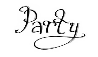 Parti sözcüğü. İtalyanca yazı tipi. Siyah renk ve gri tabaka. Beyaz bir arka planda izole edilmiş. İşaretli bir yazı. Farklı renklerde kaplama. Tek Renkli.