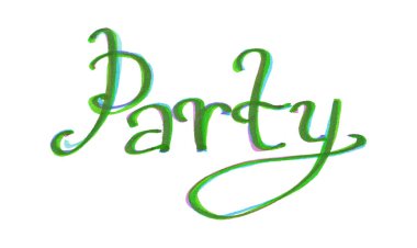 Parti sözcüğü. İtalyanca yazı tipi. Yeşilin farklı tonlarında, bazı yerlerde, pembe, mavi. Beyaz bir arka planda izole edilmiş. İşaretli bir yazı. Farklı renklerin üstüste konması.