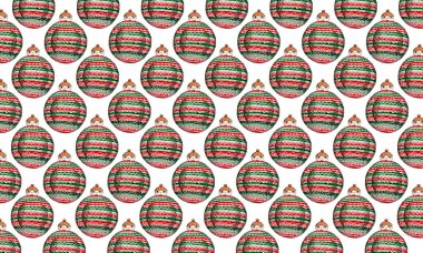 Noel süslemelerinin kusursuz desenleri. Karakterleri olan, yuvarlak vücutlu, Noel süsünü andıran. Karakter çizgili bir tatil kazağı ve şapka giyiyor. İşaretli arkaplan.