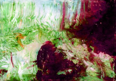 Damlayan boya efektli soyut doku ya da arkaplan. Canlı koyu kırmızı, bordo, parlak yeşil ve beyaz renkler dengesiz, organik sıvı bileşimi oluşturuyor. Kapaklar ve afişler için harika..