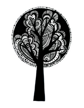 Siyah ve beyaz şekillendirilmiş Yaşam Ağacı bir daire içinde. Şekillerle karalama tekniğinde dekoratif çizim. Doğa kavramı, ekoloji, uyum. Logo, dövme, baskı ve tekstil tasarımı için mükemmel..