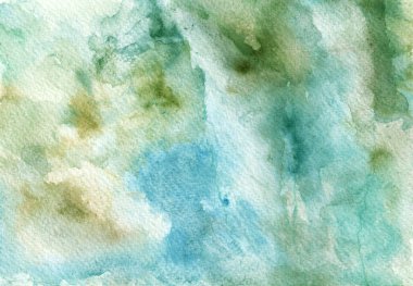 Suluboya soyut arkaplan. Farklı renklerde, mavi, yeşil, ahtapot, beyaz. Kaotik noktalar, renkler yeni renkler ve gölgeler oluşturmak için karışıyor. Suluboya kağıdın dokusu. Açık ve koyu noktalar.