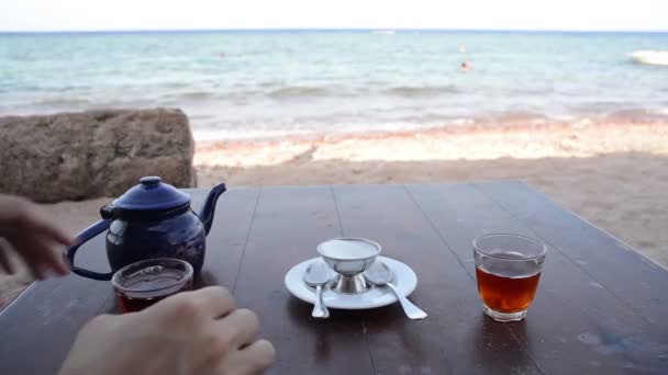 Drink Tea at the Beach — Stock Video