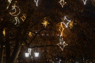 Dekoratif yıldız şekilli ışıkların ve hilal sembollerin yer aldığı kentsel kış gecesi sahnesi halk parkındaki yaya ışıklarının üstündeki ağaçlarda düzenlendi.