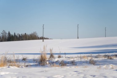 Kırsal kış manzarası tarlada düz kar örtüsü, elektrik direklerine doğru zayıf izler, kuru çimen yığınları ön planda ve açık alanda sessiz açık gökyüzü manzarası