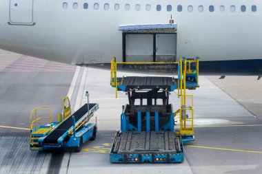 Havaalanı lojistik iş akışı ve ticari havacılık destek sistemlerini vurgulayan geniş gövdeli bir jetle aynı hizaya getirilmiş havayolu nakliye ekipmanları