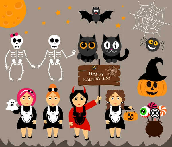 Vector set tekens voor Halloween in de moderne stijl cartoon. Pompoen, ghost, snoep, ketel, kat, uil, maan, bat, en andere traditionele elementen. Meisje in kostuums voor Halloween. Platte ontwerp. — Stockvector