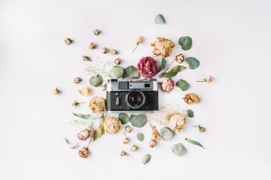 Düz yatıyordu. Retro Vintage fotoğraf makinesi, bej gül ve yeşil yaprakları