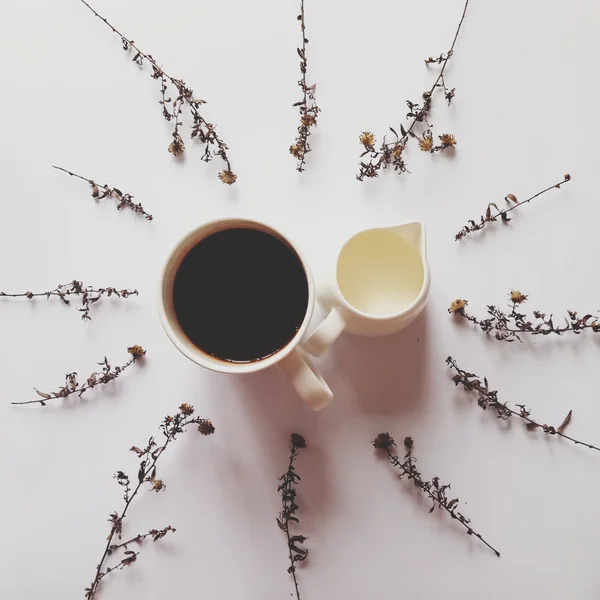 Kopje koffie, melk en gedroogde bloemen op witte achtergrond — Stockfoto