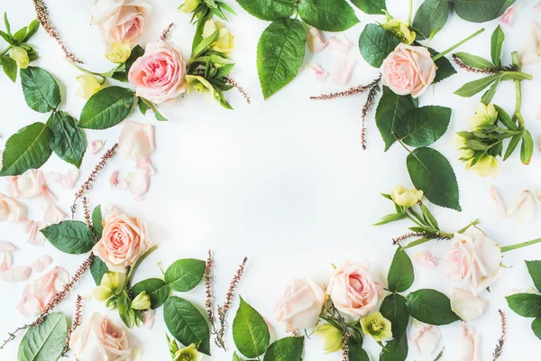 Frame with pink roses, branches — Stock Photo, Image