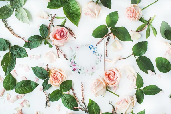 Watercolor painting, roses and green leaves — Stock Photo, Image