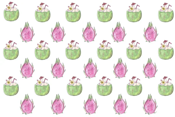Coconut cocktail and Pink pitaya pattern — Stock Photo, Image