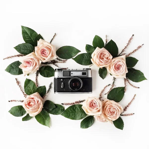 复古怀旧照片相机，米色玫瑰 — 图库照片