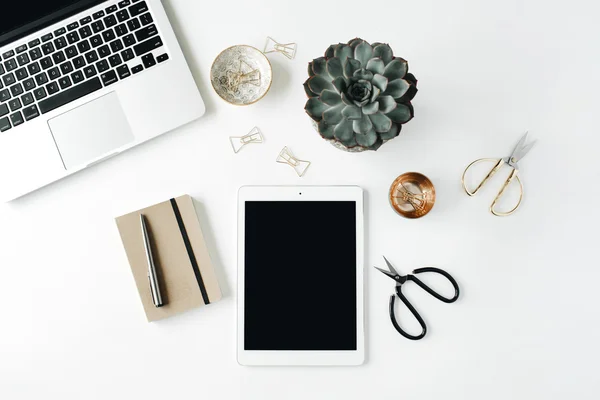 Espaço de trabalho feminino mesa com suculento — Fotografia de Stock