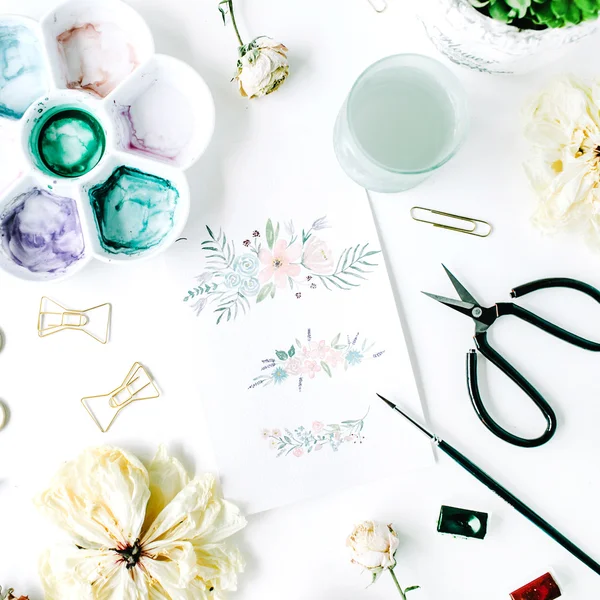 Flat lay floral watercolor painting — Stock Photo, Image