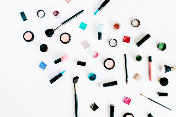 flat lay female cosmetics collage  