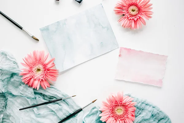 Flores de gerberas rosadas y composición acuarela — Foto de Stock