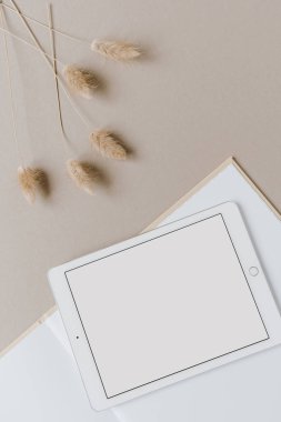 Bej arkaplanda boş ekran tableti düzlüğü. Düzlük, üst görünüm minimum yaşam tarzı blogu, web sitesi şablonu. Boşluk modellemesini kopyala.