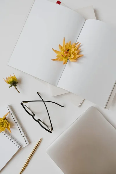 简约的家庭写字台工作空间 白纸笔记本 笔记本电脑 黄色花蕾 平躺在地上 尽收眼底 复制博客 社交媒体 网站的空间模拟模板 — 图库照片